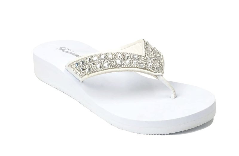 REDVOLUTION New Women's Rhinestone Sandals High | Low Platform T-Strap Jewel Sandals High Wedge Flip Flops (Bubbly-L [white], numeric_10) - Image 3